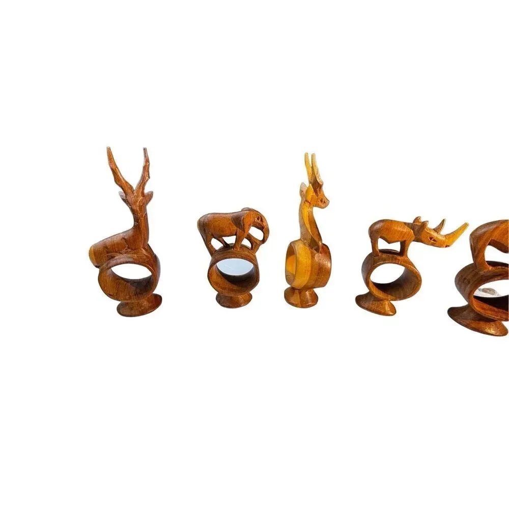African hand Carved Teak Wood Napkin Rings, Set of 6